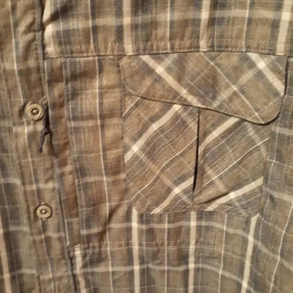 Wrangler Outdoors Mens Shirt XL Plaid Button Up Roll Tab Sleeve Grays Tans - Picture 3 of 11